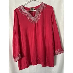525 America Women's Boho Tunic – Embroidered Fuchsia Top, Peasant Blouse M